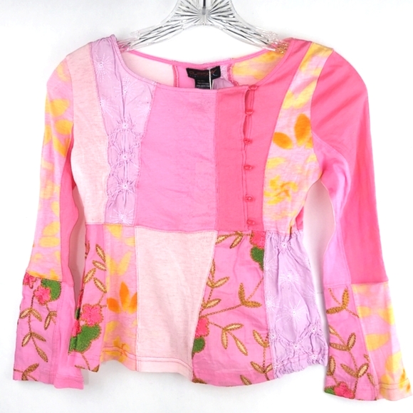 Custo Barcelona Tops - Custo Barcelona Pink Embroidered Patchwork Long Bell Sleeve Tunic Top Size 1
